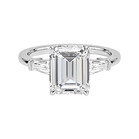 Tapered Baguette Center 3ct E VVS2 Emerald Lab Diamond Engagement Ring Low Profile Single Prong Lab Diamond (EM 4126)