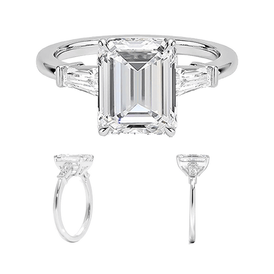 Tapered Baguette Center 3ct E VVS2 Emerald Lab Diamond Engagement Ring Low Profile Single Prong Lab Diamond (EM 4126)