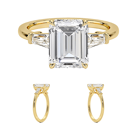 Tapered Baguette Center 3ct E VVS2 Emerald Lab Diamond Engagement Ring Low Profile Single Prong Lab Diamond (EM 4126)
