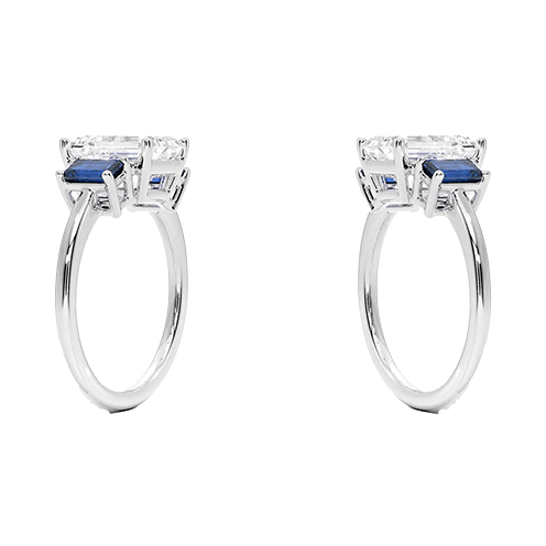 Luxe Rhiannon Three Stone center 4ct f vs1 lab emerald cut diamond with lab blue baguette Sapphire Engagement Ring (EM 4138)