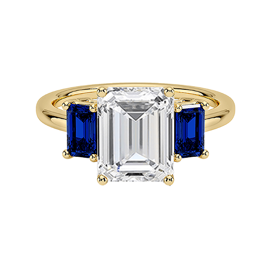 Luxe Rhiannon Three Stone center 4ct f vs1 lab emerald cut diamond with lab blue baguette Sapphire Engagement Ring (EM 4138)