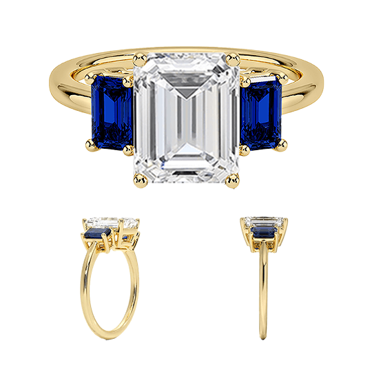 Luxe Rhiannon Three Stone center 4ct f vs1 lab emerald cut diamond with lab blue baguette Sapphire Engagement Ring (EM 4138)
