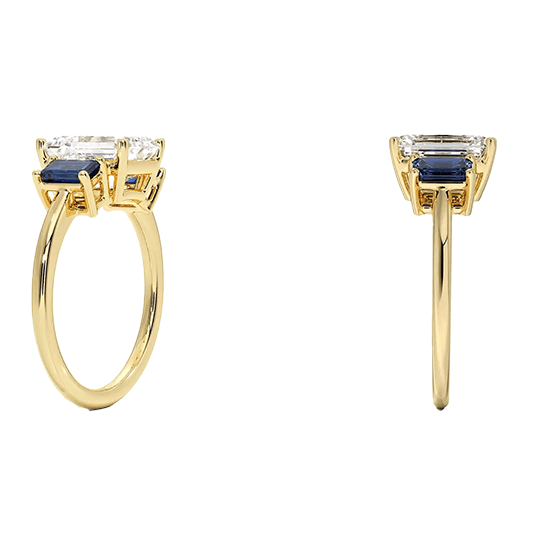 Luxe Rhiannon Three Stone center 4ct f vs1 lab emerald cut diamond with lab blue baguette Sapphire Engagement Ring (EM 4138)