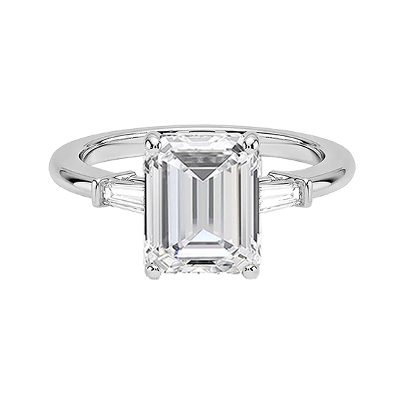 Tapered Baguette 2ct E VVS2 Emerald Three Stone Diamond Engagement Ring Low Profile Lab Diamond (EM 4125)