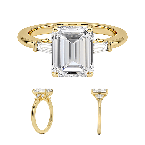 Tapered Baguette 2ct E VVS2 Emerald Three Stone Diamond Engagement Ring Low Profile Lab Diamond (EM 4125)