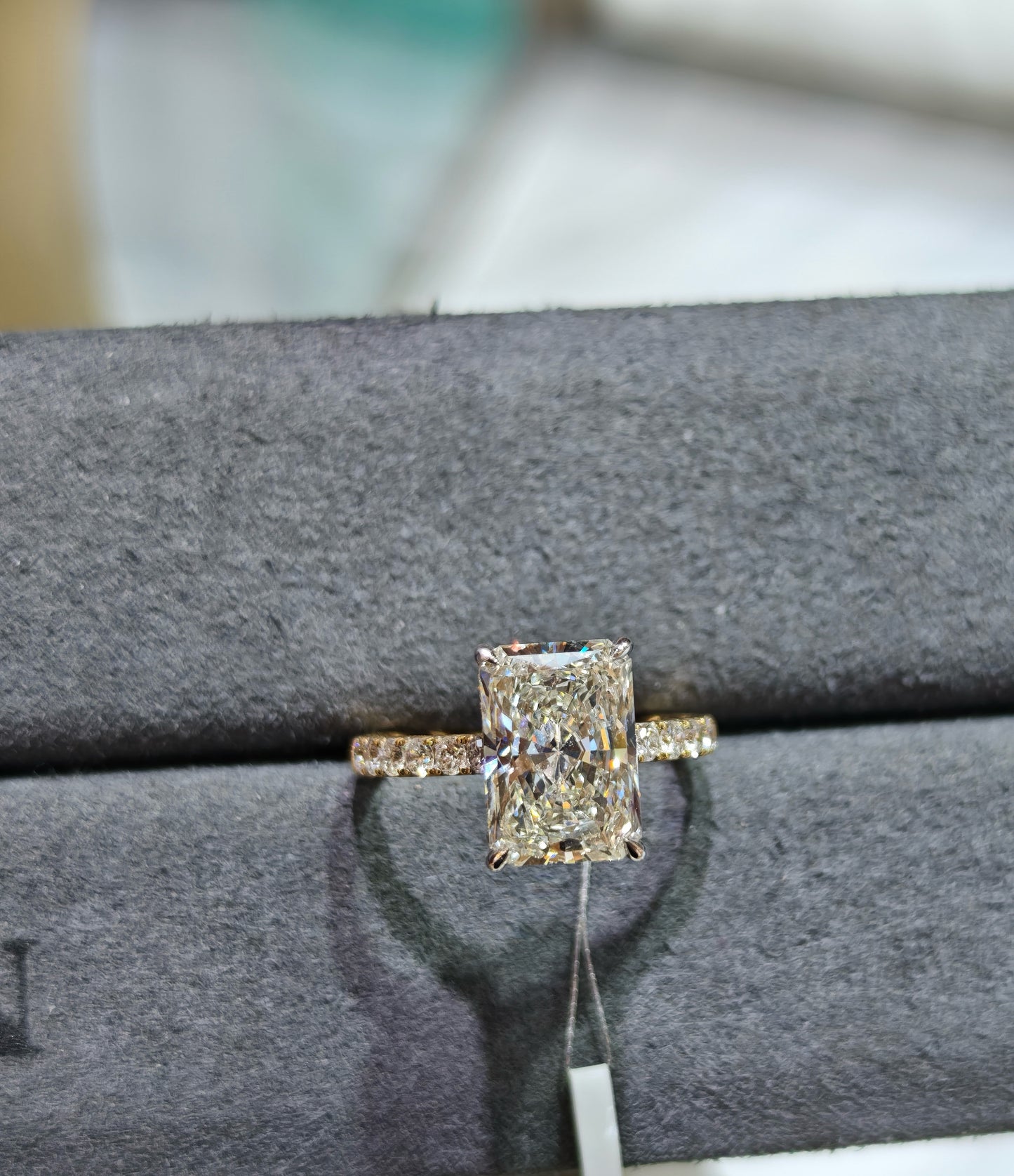 TIKTOK LIVESTREAM Lab Grown Diamond 14K yellow Ring , 5 CT , E VS, paved band Radiant Cut Lab Diamond Engagement Ring , Lab Created Diamond Ring IGI Certified , Hidden Halo
