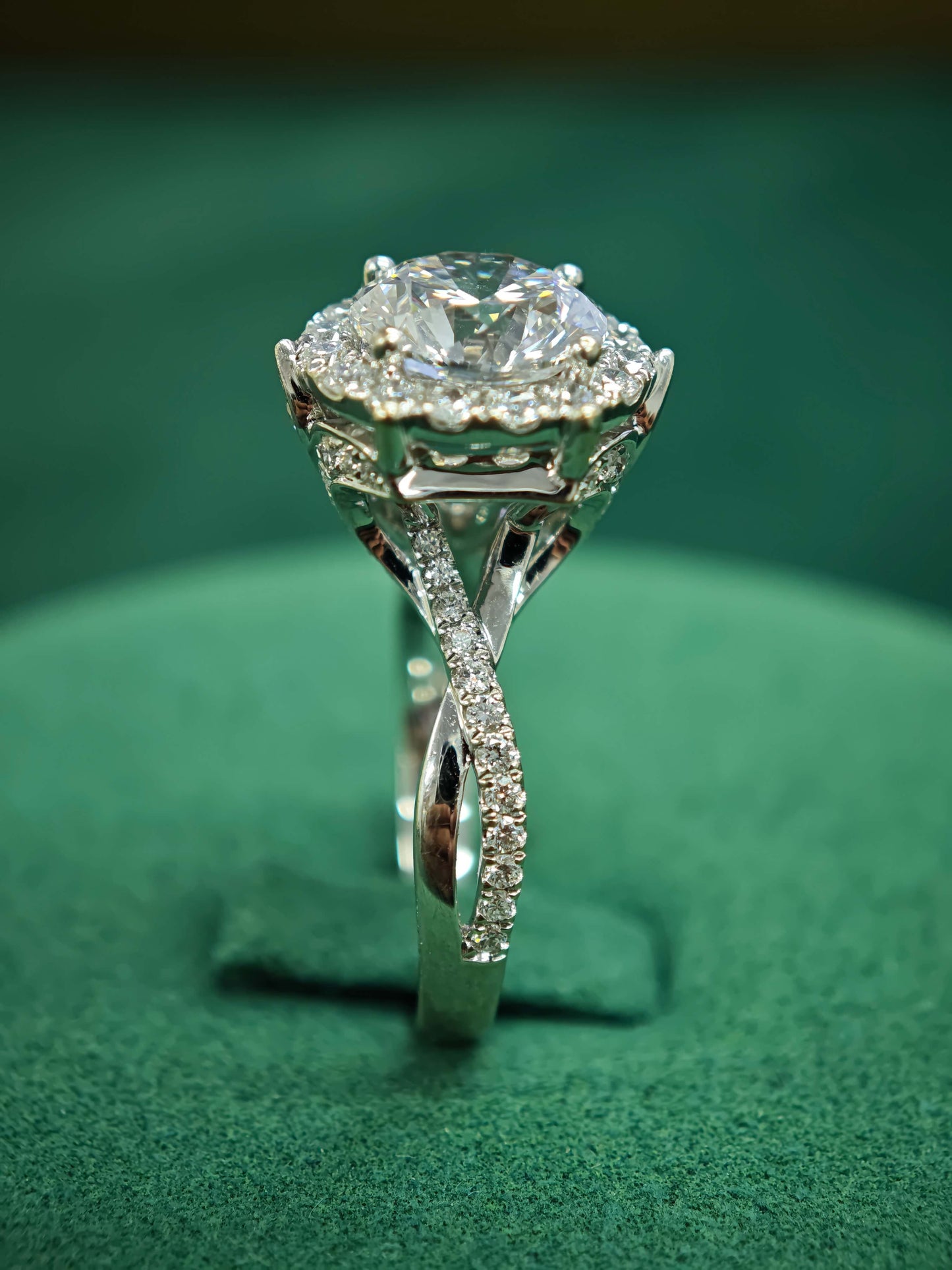 18K White Gold 3ct Lab Diamond Halo Engagement Ring: Pavé Twisted Band ( ROX 838 )