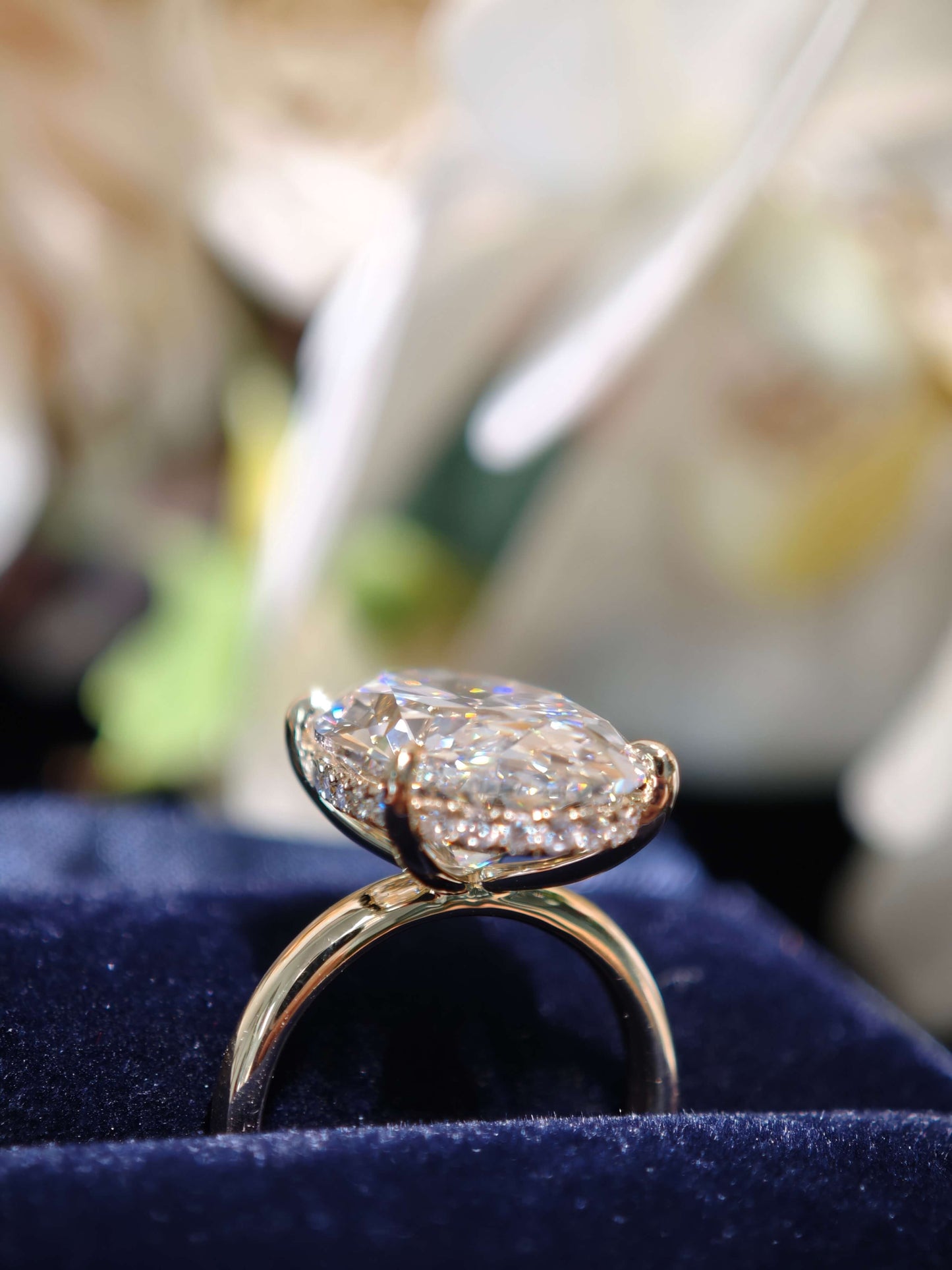 10.06ct Oval hidden halo Lab Grown Diamond Engagement Ring: 14K Yellow Gold Petal Setting (OVX 0019)