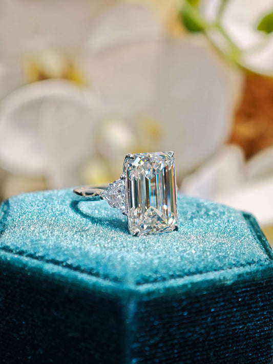10.07ct 9K Gold Emerald Cut Lab Diamond Engagement Ring: Unique Shield cut Accents, IGI Certified (EMX 0063)