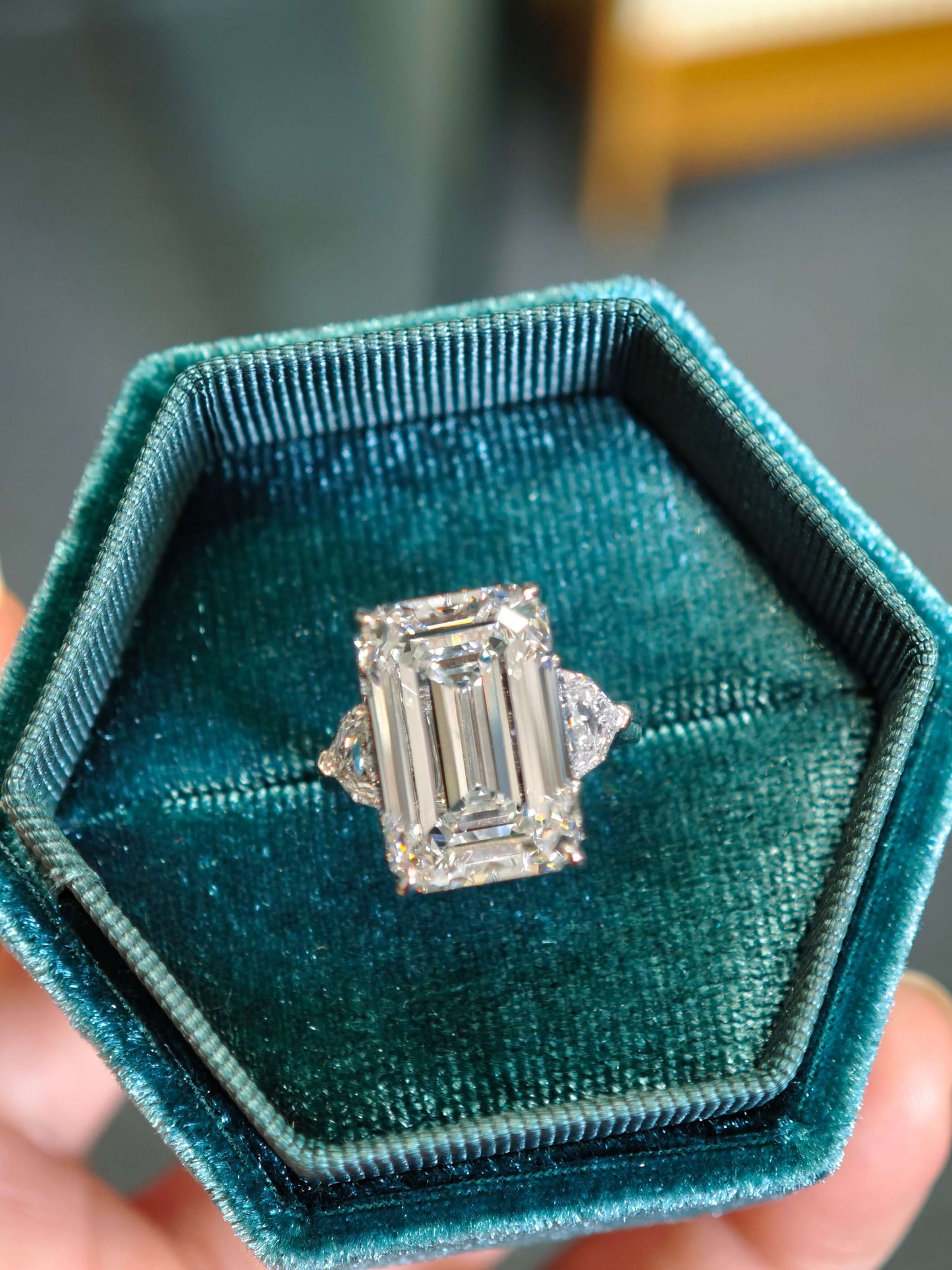 10.07ct 9K Gold Emerald Cut Lab Diamond Engagement Ring: Unique Shield cut Accents, IGI Certified (EMX 0063)