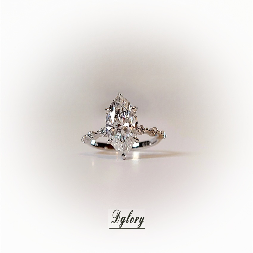 Moissanite 14K 3CT Marquise 7x14mm side moissanite with 3 Moissanite Stones spaced out, Engagement Ring, GRA Certified, Hidden Halo ,6-Prong