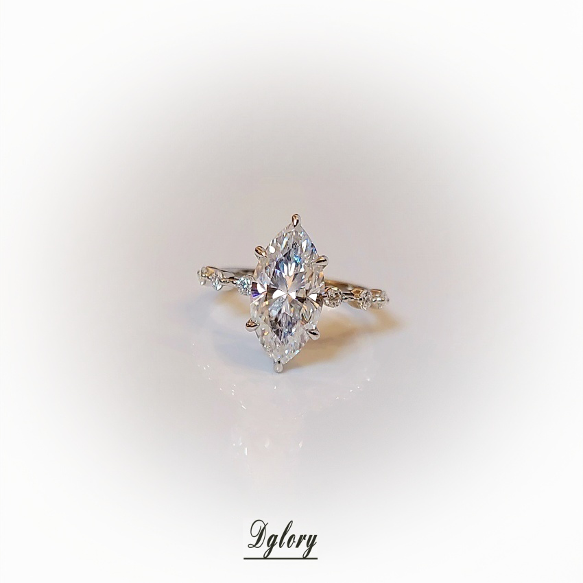Moissanite 14K 3CT Marquise 7x14mm side moissanite with 3 Moissanite Stones spaced out, Engagement Ring, GRA Certified, Hidden Halo ,6-Prong