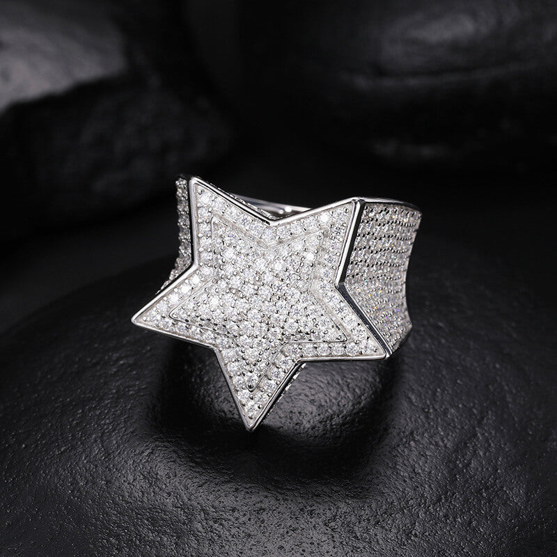Moissanite Silver Star Ring,S925 Sterling Silver,Ring for Men Moissanite Star Ring,Hip Hop Ring,Iced Out Star Ring, Gift for Him,Men JewelryClassic (BMS119)