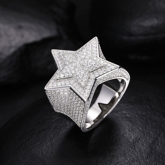 Moissanite Silver Star Ring,S925 Sterling Silver,Ring for Men Moissanite Star Ring,Hip Hop Ring,Iced Out Star Ring, Gift for Him,Men JewelryClassic (BMS119)