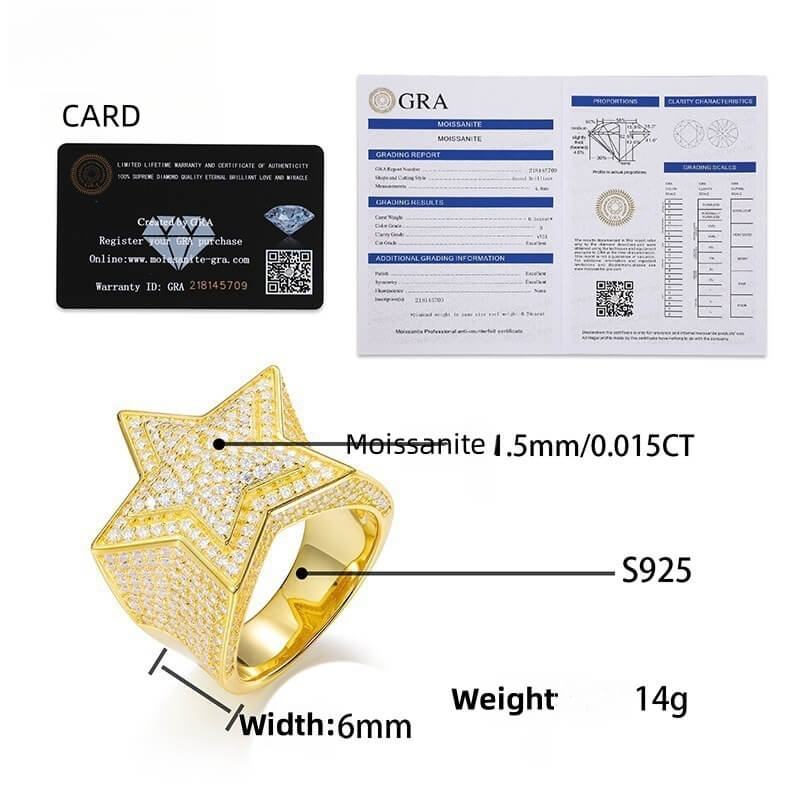 Moissanite Silver Star Ring,S925 Sterling Silver,Ring for Men Moissanite Star Ring,Hip Hop Ring,Iced Out Star Ring, Gift for Him,Men JewelryClassic (BMS119)