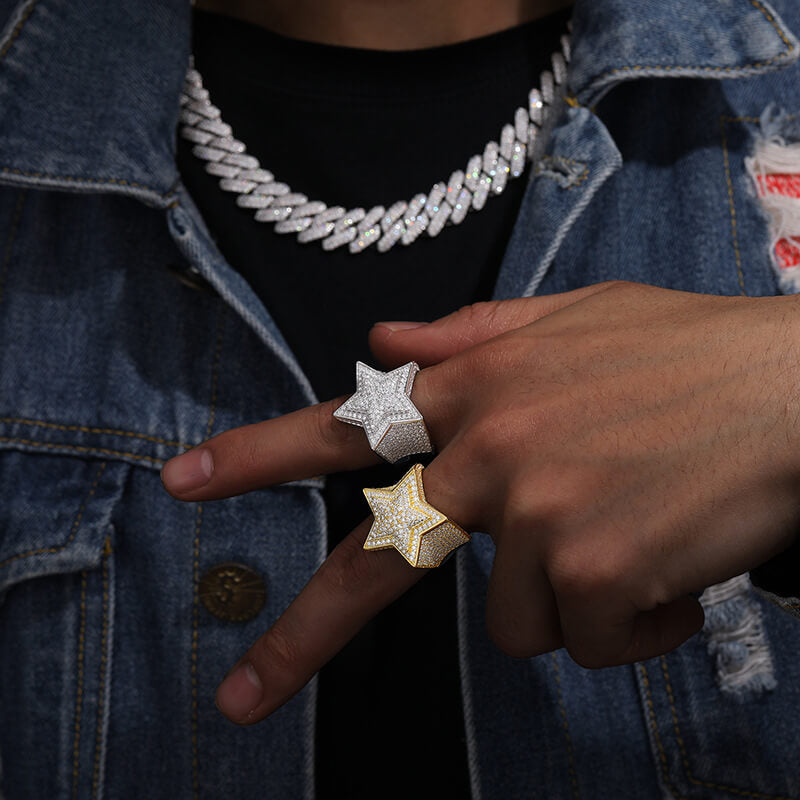 Moissanite Silver Star Ring,S925 Sterling Silver,Ring for Men Moissanite Star Ring,Hip Hop Ring,Iced Out Star Ring, Gift for Him,Men JewelryClassic (BMS119)