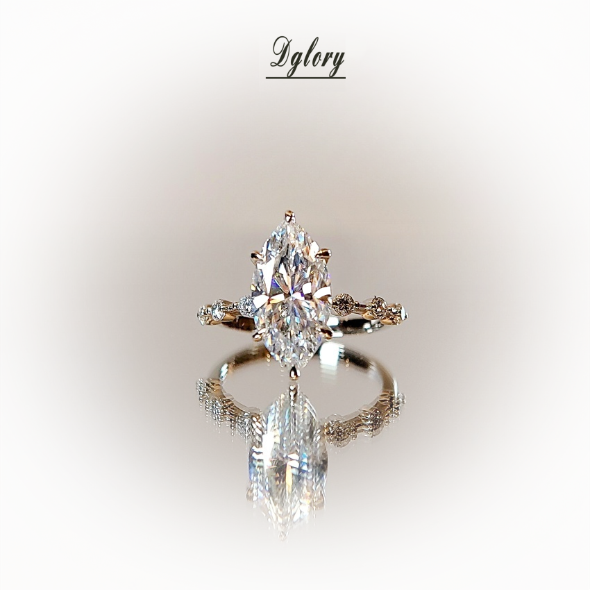 Moissanite 14K 3CT Marquise 7x14mm side moissanite with 3 Moissanite Stones spaced out, Engagement Ring, GRA Certified, Hidden Halo ,6-Prong