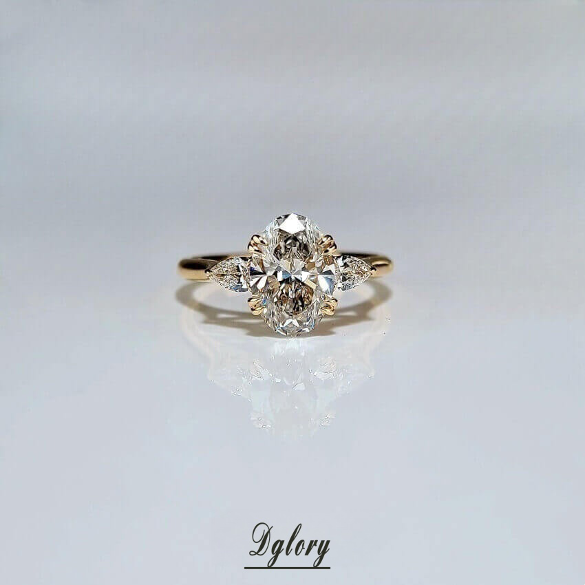 14K, 2 CT, EF VS1, Lab Oval Cut, IGI Certified, Lab Created Diamond Engagement Ring, Engagement , Side Lab Pear , Hidden Bridge，Double Claw  (ST 0017)