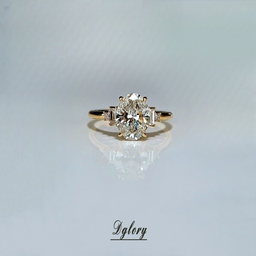 Lab Grown Diamond Engagement Ring, 14K, 2 CT, E VVS2, Lab Oval Cut, IGI Certified, Lab Created Oval Ring, Side 2 Lab Baguette Either Side   (ST 0018)