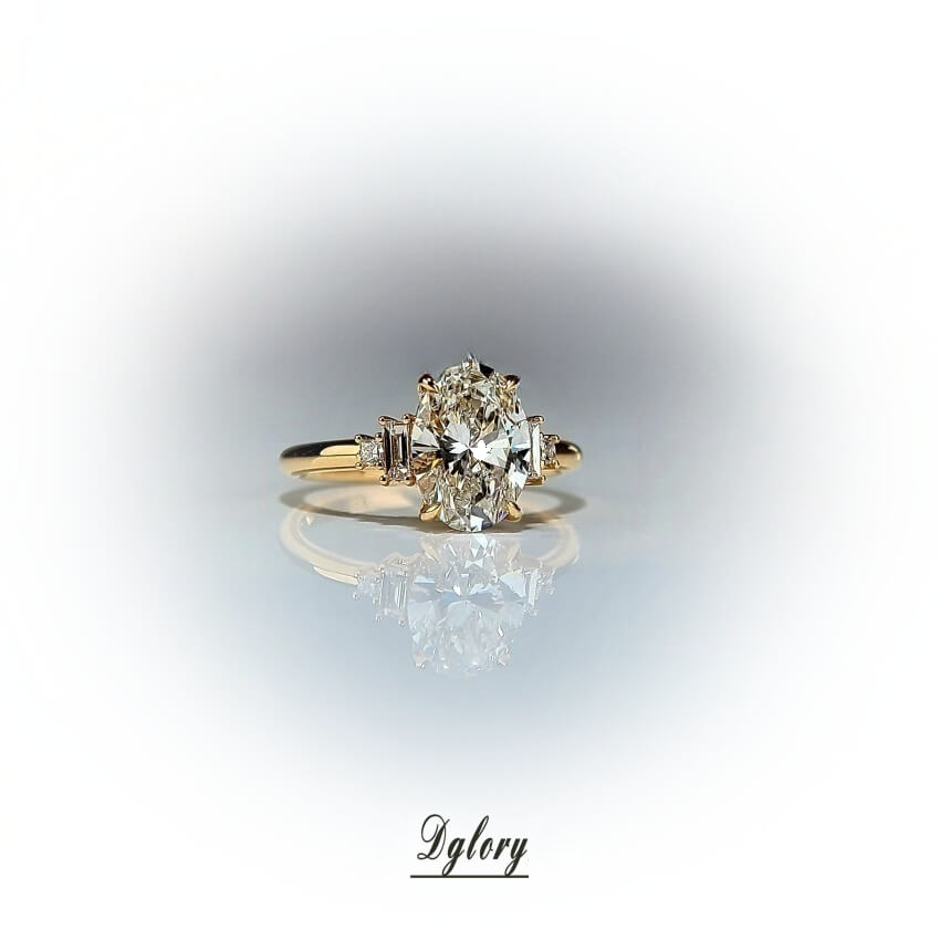 Lab Grown Diamond Engagement Ring, 14K, 2 CT, E VVS2, Lab Oval Cut, IGI Certified, Lab Created Oval Ring, Side 2 Lab Baguette Either Side   (ST 0018)