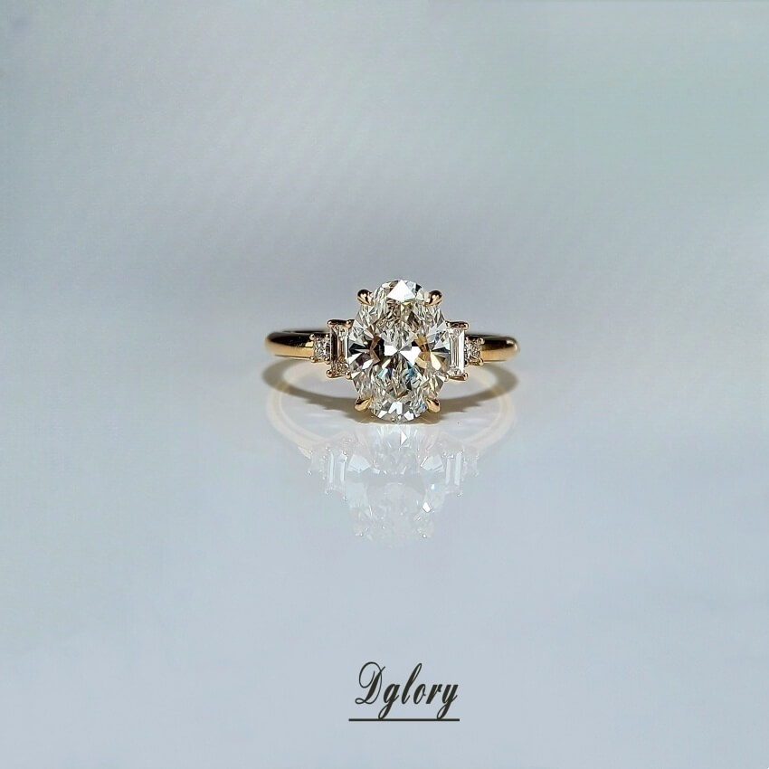Lab Grown Diamond Engagement Ring, 14K, 2 CT, E VVS2, Lab Oval Cut, IGI Certified, Lab Created Oval Ring, Side 2 Lab Baguette Either Side   (ST 0018)