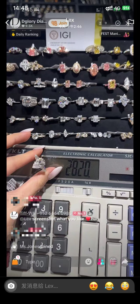 Le 2-1 link TIKTOK LIVESTREAM 5.0ct 18K Gold Lab Pear Diamond Ring side stones 1.446ct- Pear cut Water Drop Shape,E VS1 Cathedral Setting Size 6