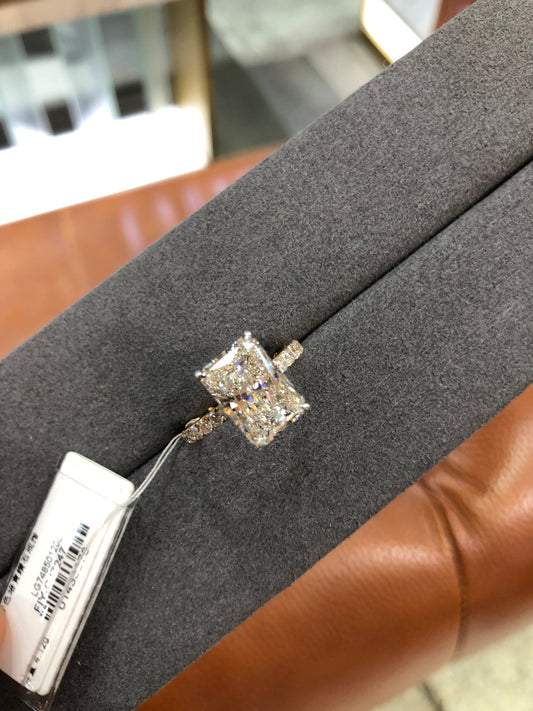 TIKTOK LIVESTREAM 18K all white gold (not 2-tone) 4CT radiant  F VS1 Lab Diamond Ring engraved band as picture inside and outside with paved half way band hidden halo
