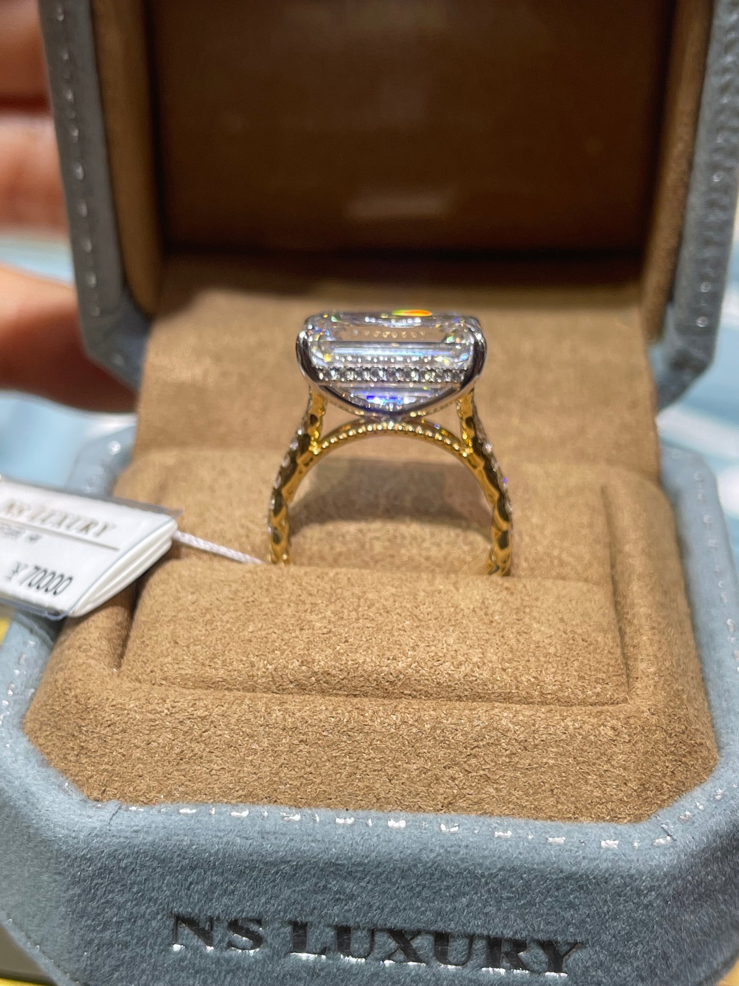 TIKTOK LIVESTREAM 18K 14K 6ct emerald cut east west paved band 2-tone halo arround stone but no diamonds and diamonds on band