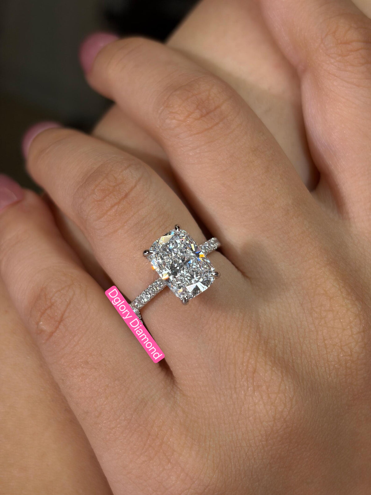 DA TIKTOK LIVESTREAM 30% deposit  LINK , 14K white Gold 5CT,E VS1, elongated cushion Cut Lab DiamondRing half paved band with hidden halo and hidden bridge IGI Certified,paved band  size 6.5