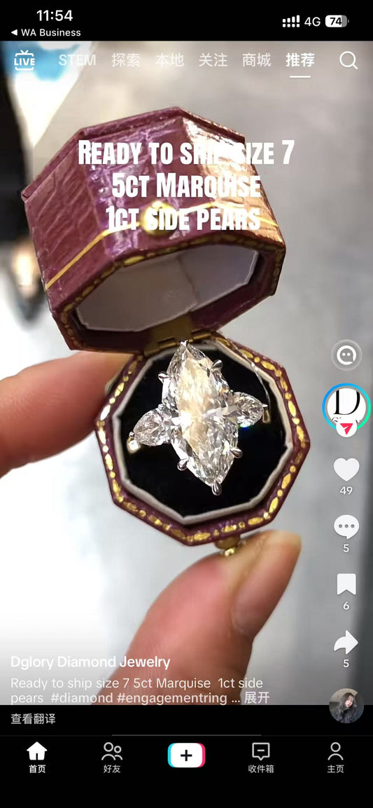 Elin Tiktoklivestream 18K Yelow  Gold twisted plain band 3ct  Marquise Diamond with side 2 pears each 0.5ct 3ct E VS1  IGI certificates size7