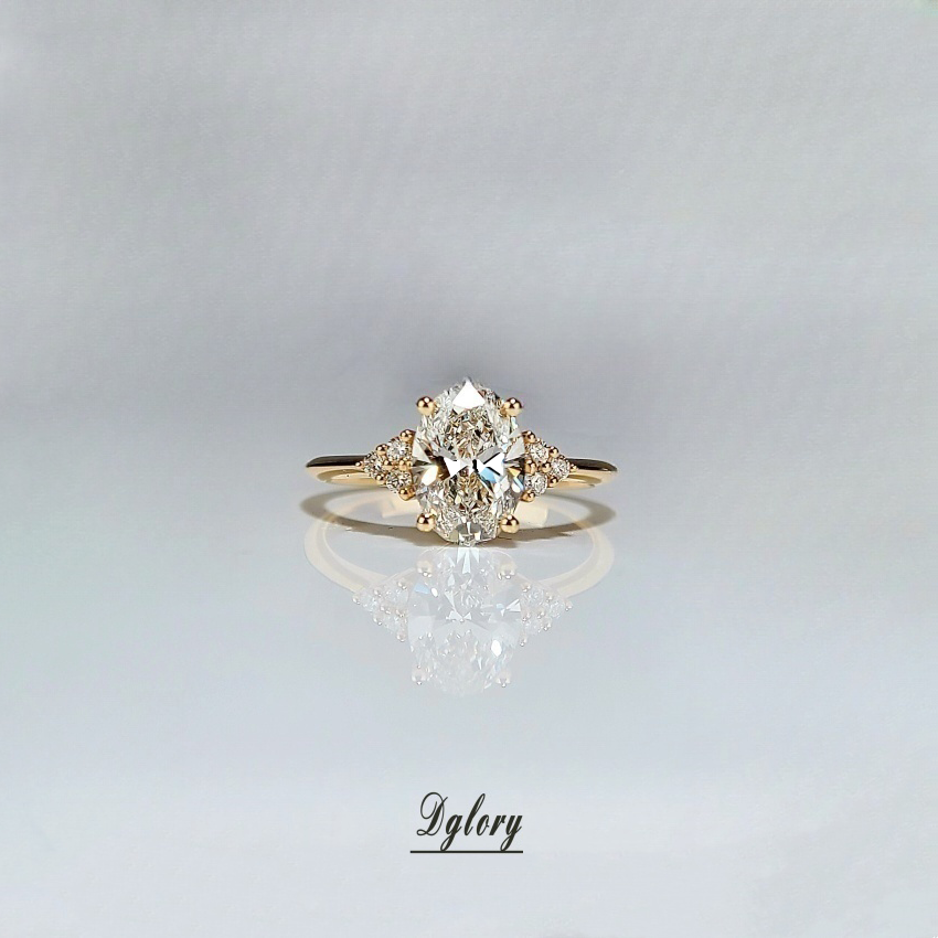 Lab Diamond Engagement Ring, 14K , 1.5CT, E VS1, Lab Oval Cut, IGI Certified,Lab Created Engagement Ring, 3 Lab Cluster Either Side Round   (ST 0012)