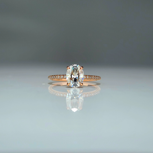 14k Rose Gold 1.5ct Oval Moissanite 6x8mm Side Moissanite Oval Cut Plain Setting Paved Band,Moissanite Engagement Ring,GRA Certified,4-Prong