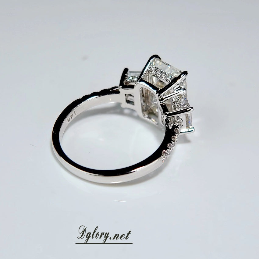 14K,4CT, F VS1, Lab Radiant Cut, Lab Grown Created Diamond Engagement Ring, IGI Certified, 1 Lab Baguette Either Side, Hidden Halo (ST 0026)