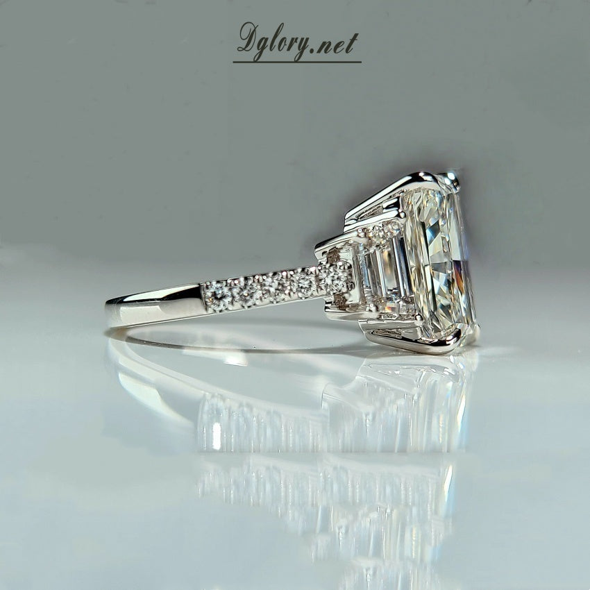 14K,4CT, F VS1, Lab Radiant Cut, Lab Grown Created Diamond Engagement Ring, IGI Certified, 1 Lab Baguette Either Side, Hidden Halo (ST 0026)