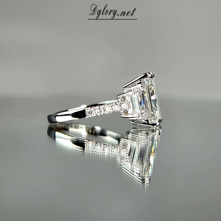 14K,4CT, F VS1, Lab Radiant Cut, Lab Grown Created Diamond Engagement Ring, IGI Certified, 1 Lab Baguette Either Side, Hidden Halo (ST 0026)