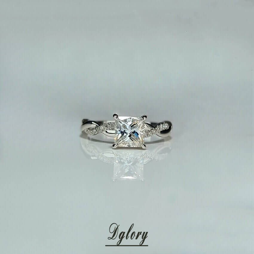 1CT, D VVS1, Moissanite 6.5mm Princess Cut,14K, Moissanite Diamond Engagement Ring, GRA Certified, Twiste Band Paved, Side Stone Moissanite