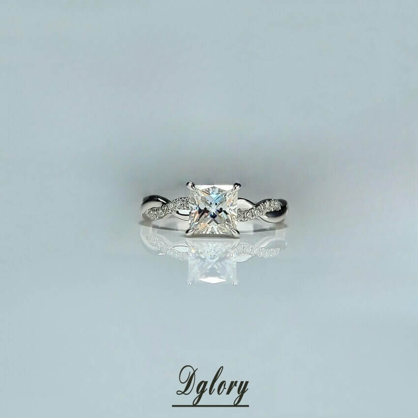 1CT, D VVS1, Moissanite 6.5mm Princess Cut,14K, Moissanite Diamond Engagement Ring, GRA Certified, Twiste Band Paved, Side Stone Moissanite