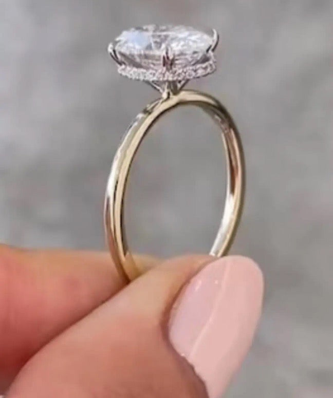 VEE TIKTOK lin 2-2 LIVESTREAM 14K oval DIAMONDS F VVS2 2-tone yellow band and white 6-prong hidden halo  Lab oval Diamond Ring 6ct hidden halo prongs  all yellow gold plain band  IGI certificate size 8.5 (Copy)