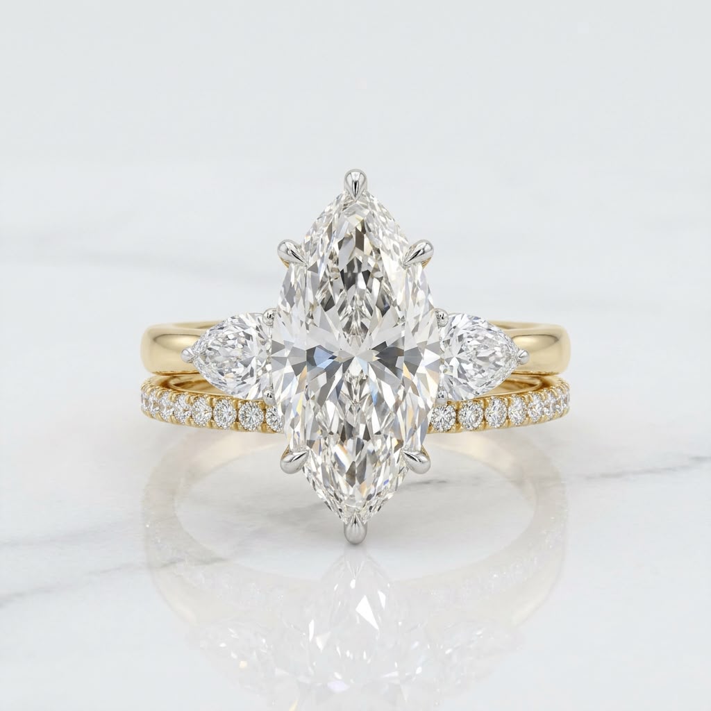 Mari 2-2 link Tiktoklivestream 14K Yellow Gold and white 2-tone 2ct hidden bridge with ruby & Marquise  VS1  side 2pcs pears size 7.5 + wedding band ring set (Copy)