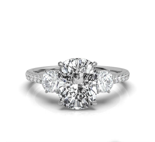 CAS TIKTIOK LIVESTREAM 2-1 deposit &nbsp;link solid 14k white gold 3ct elongated cushion cut ,E color VS1 Clarity with IGI certificate, 3-Stone paved band side 0.25ct/pc, Cathedral setting ,size 6.75