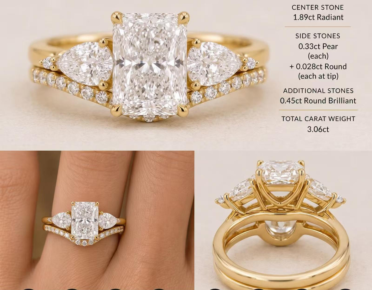 ALY TIKTOK LIVESTREAM 2-2  LINK , ring set solid 14K yellow Gold 3CT,E VS1, Radiant Cut Lab Diamond ring IGI Certified, with 2pcs of side pears each piece 0.3ct with matching band size 10.5