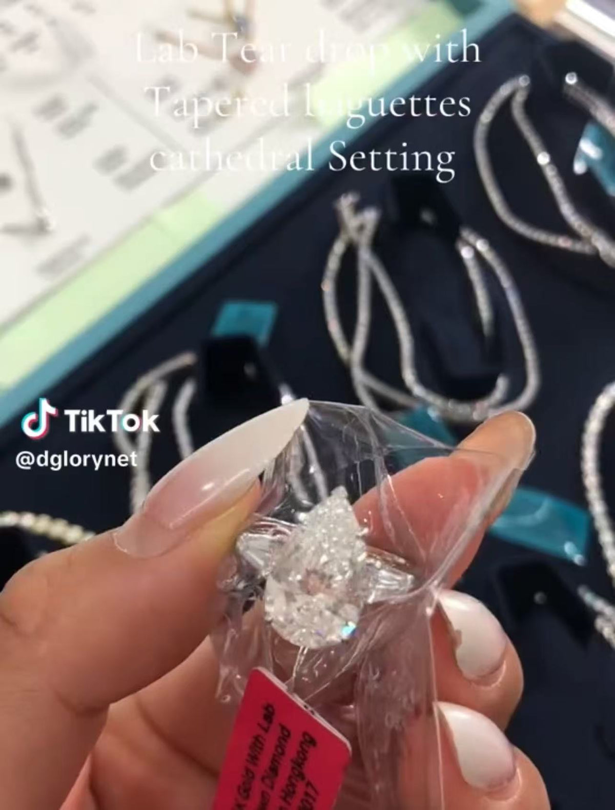 CAR 2-1 link TIKTOK LIVESTREAM 5.0ct 14K Gold Lab Pear Diamond Ring side stones taperred baguettes Water Drop Shape,E VS1 Cathedral Setting Size 6.5