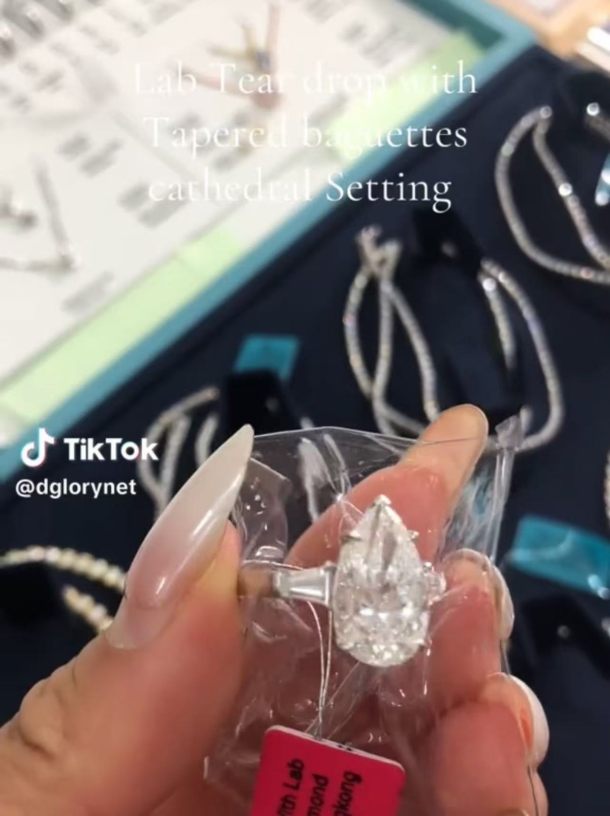 CAR 2-1 link TIKTOK LIVESTREAM 5.0ct 14K Gold Lab Pear Diamond Ring side stones taperred baguettes Water Drop Shape,E VS1 Cathedral Setting Size 6.5
