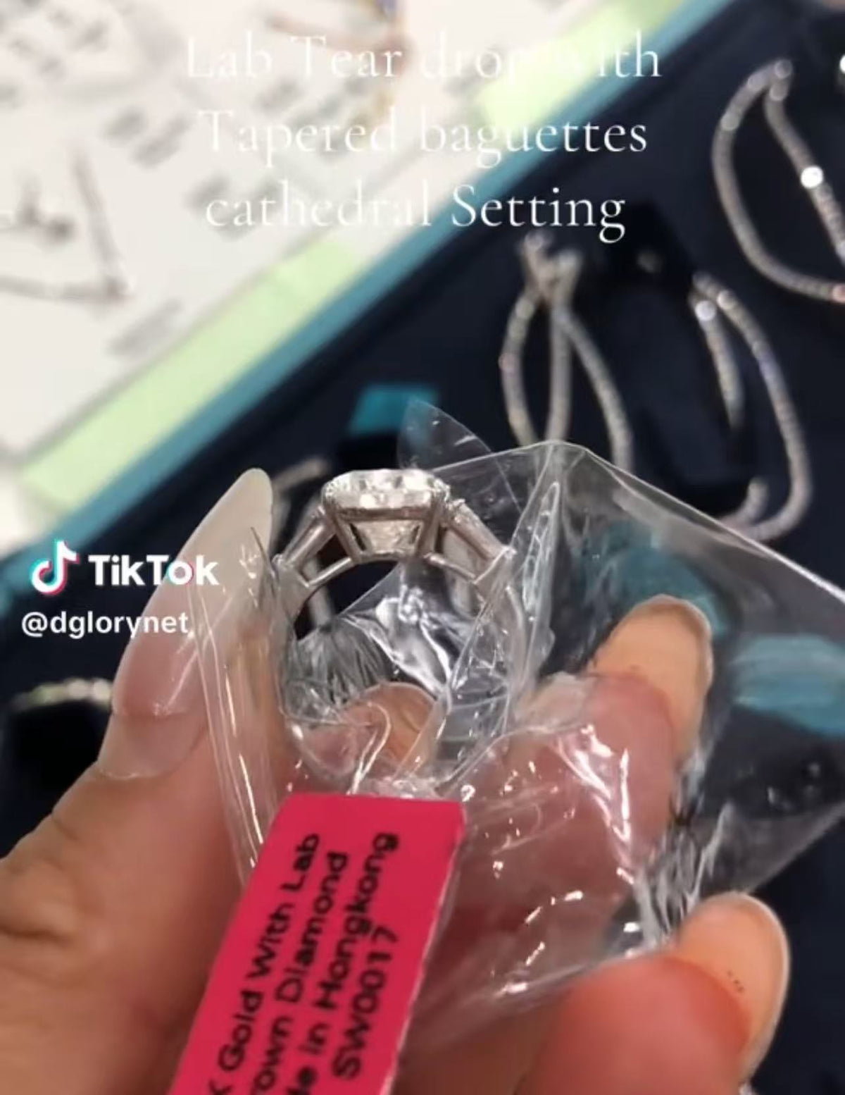 CAR 2-1 link TIKTOK LIVESTREAM 5.0ct 14K Gold Lab Pear Diamond Ring side stones taperred baguettes Water Drop Shape,E VS1 Cathedral Setting Size 6.5
