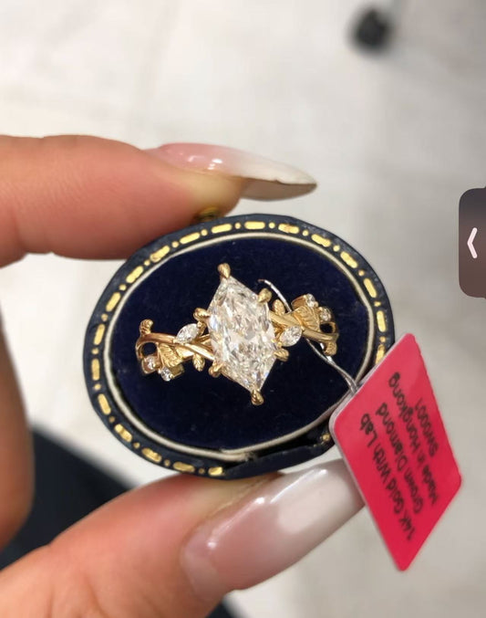 JAZ 14K yellow gold 1.5ct dutch marquise cut E VS1 lab diamond with IGI Certificate nature inspired ring size 10