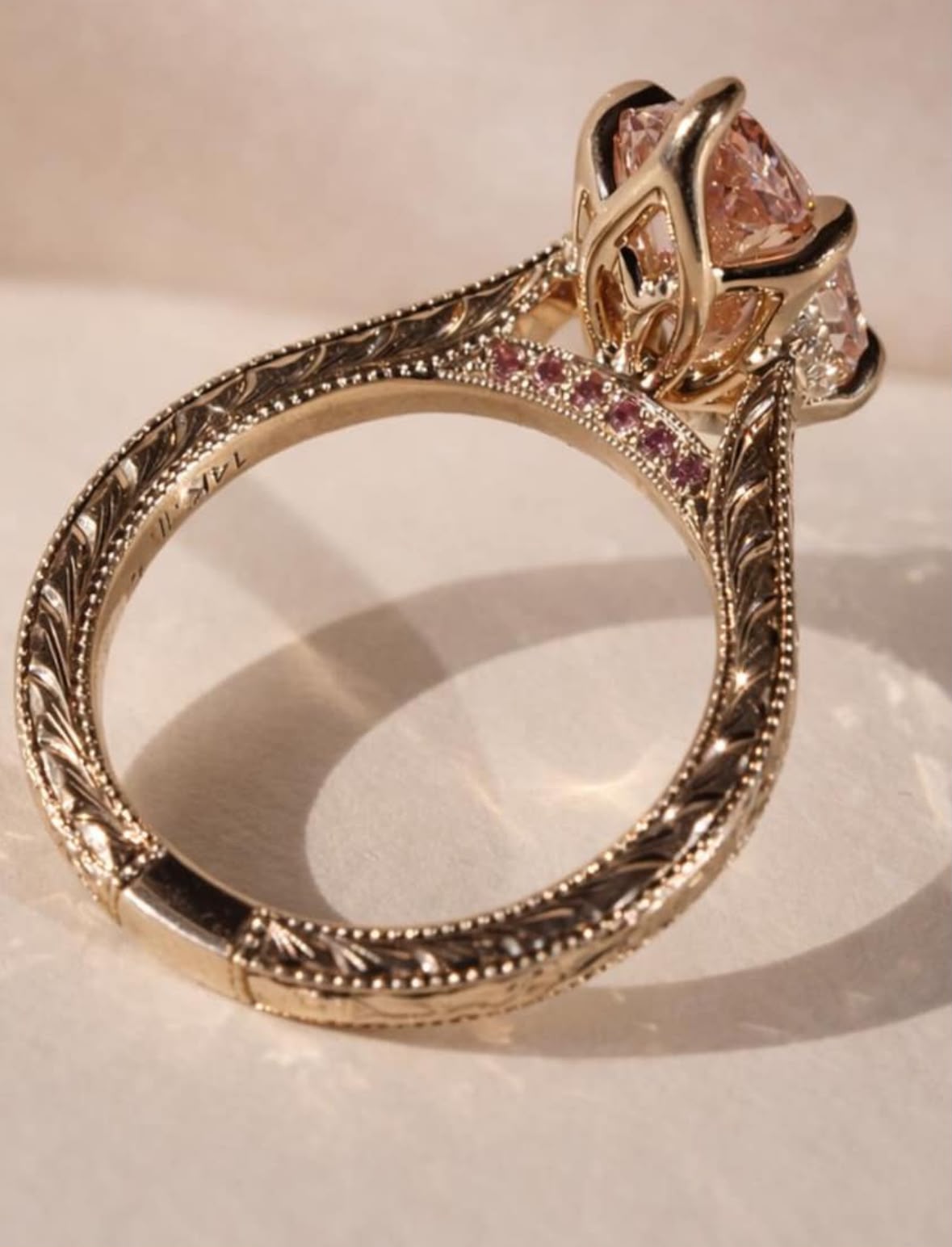 PA 2-2 link TIKTIOK LIVESTREAM 14k solid yellow Gold engraving band 2ct lab pink marqusie fancy vivid pinkbridge paved with pink gemstones hidden   size 6.5 (Copy)