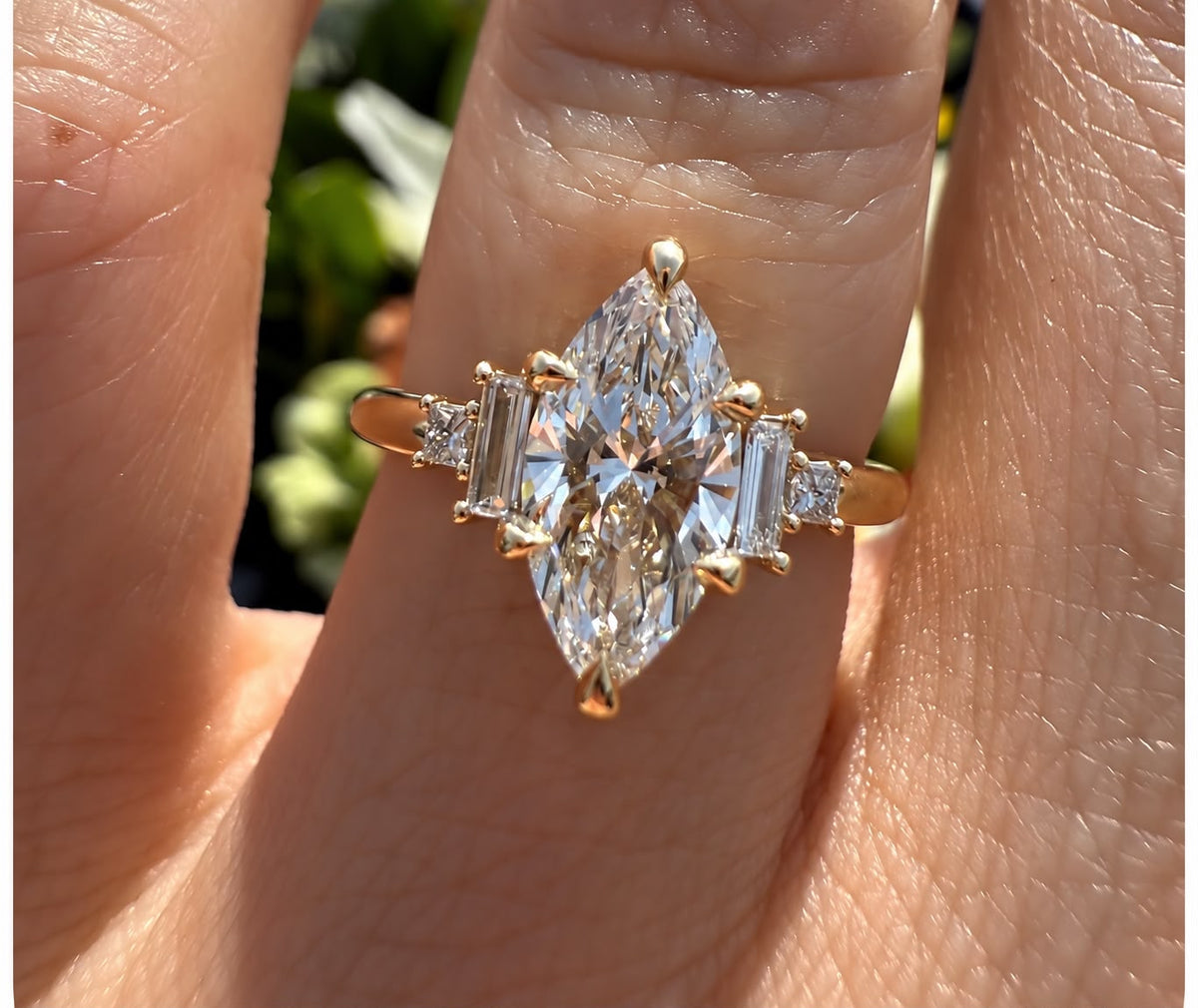 TIKTOK LIVESTREAM deposit link DA 14K yellow gold 2.5ct marqise step cut (another step cut same as picture) E VS1 lab diamond with IGI Certificate with side stones ring size 4.25