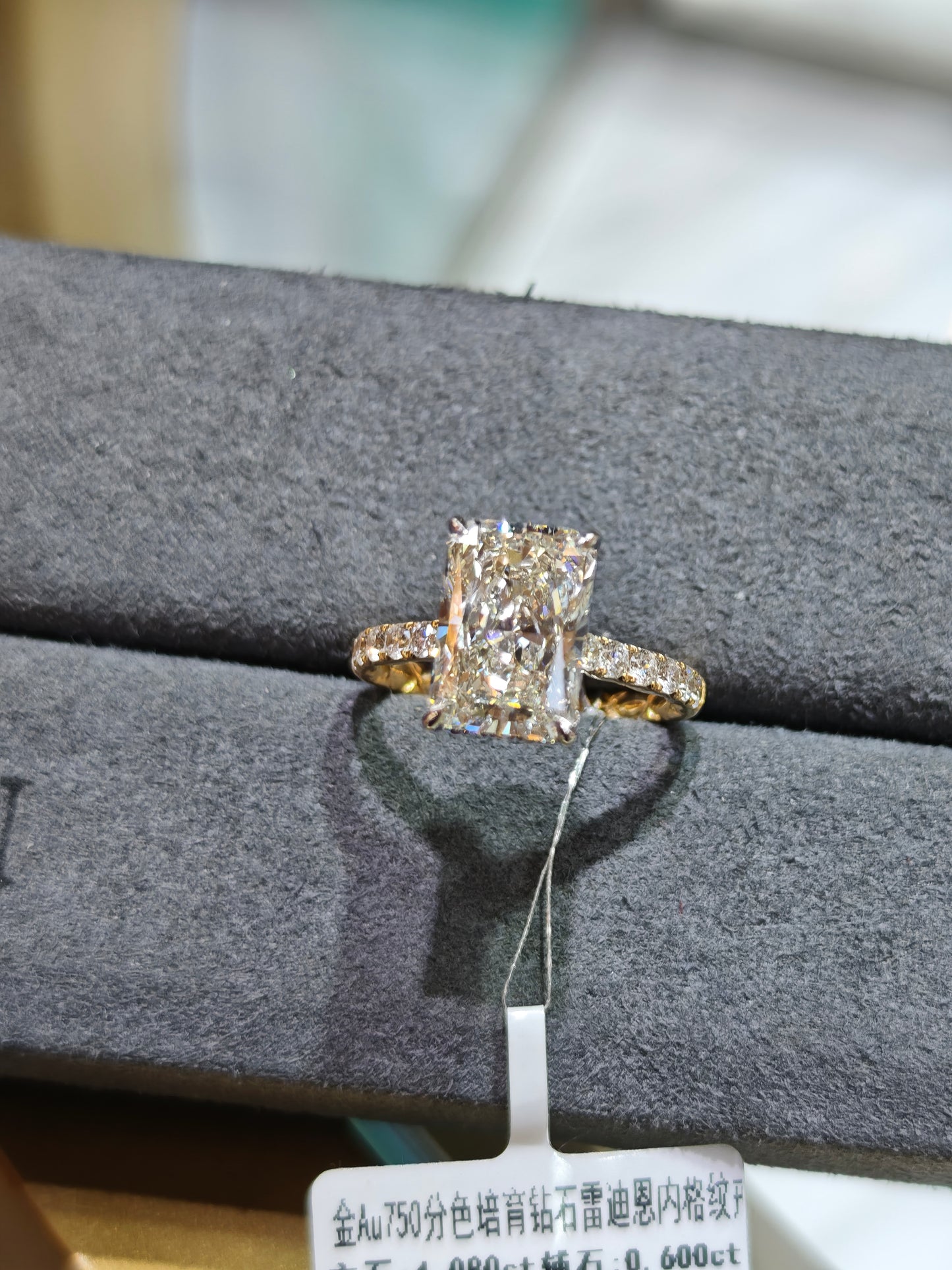 TIKTOK LIVESTREAM Lab Grown Diamond 14K yellow Ring , 5 CT , E VS, paved band Radiant Cut Lab Diamond Engagement Ring , Lab Created Diamond Ring IGI Certified , Hidden Halo