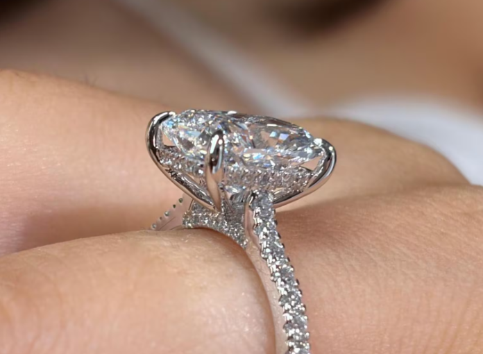 DA TIKTOK LIVESTREAM 30% deposit  LINK , 14K white Gold 5CT,E VS1, elongated cushion Cut Lab DiamondRing half paved band with hidden halo and hidden bridge IGI Certified,paved band  size 6.5