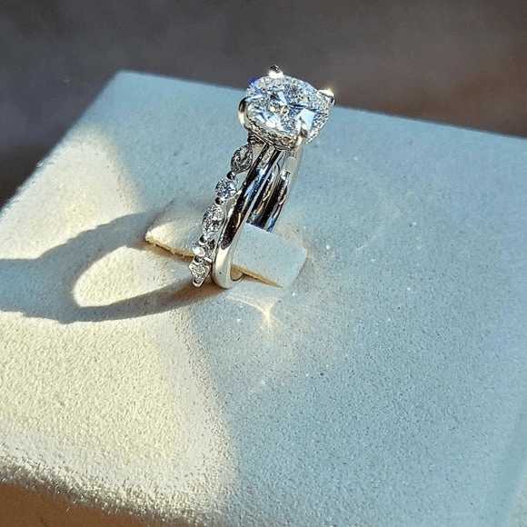 Solid 14k Gold 2.6ct (E VVS2) Lab Round Diamond Ring and Lab Marquise/Round Diamond Band( RO 835 )